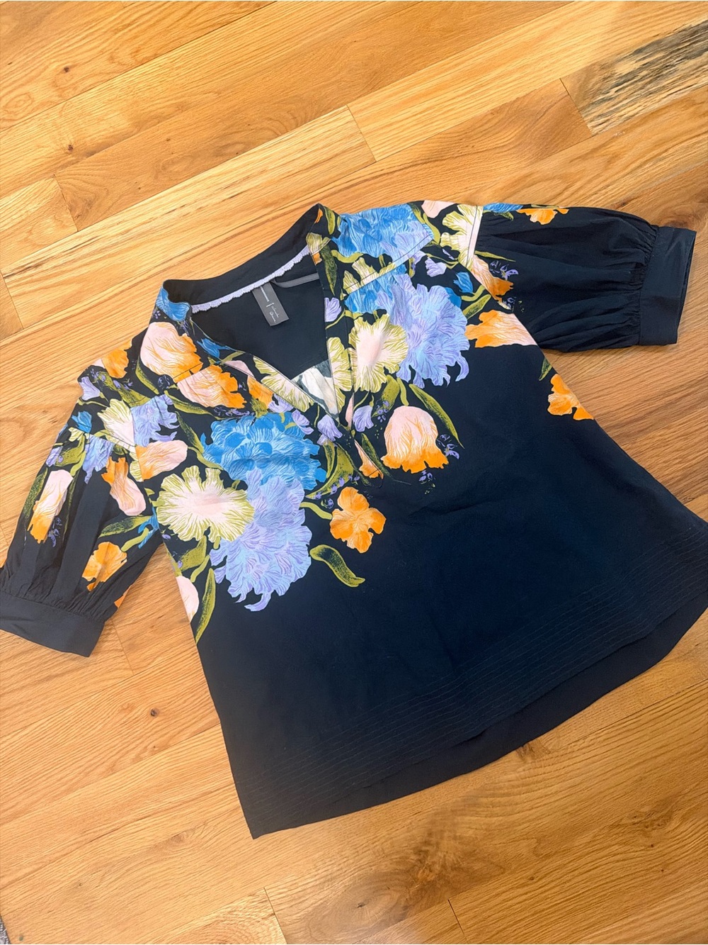 Anthropologie Black Blouse with Blue, Purple & Orange Floral Print Size XS